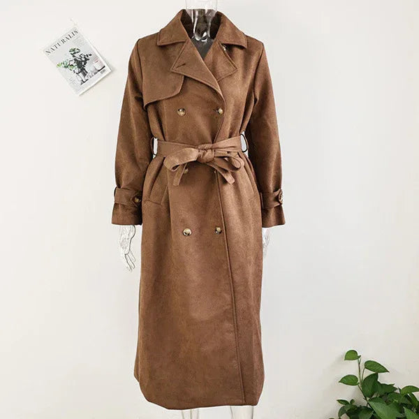 Double Breasted Lapel Shift Coat With Belt Fashion Vintage Suede Long Coat Winter Outwear Women's Clothing - Gizmo Galaxy