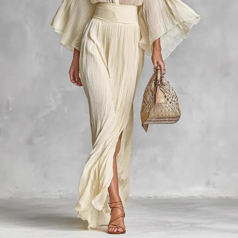 Pleated Wide-sleeve Shirt And Maxi Skirt Two-piece Women's Set - Gizmo Galaxy