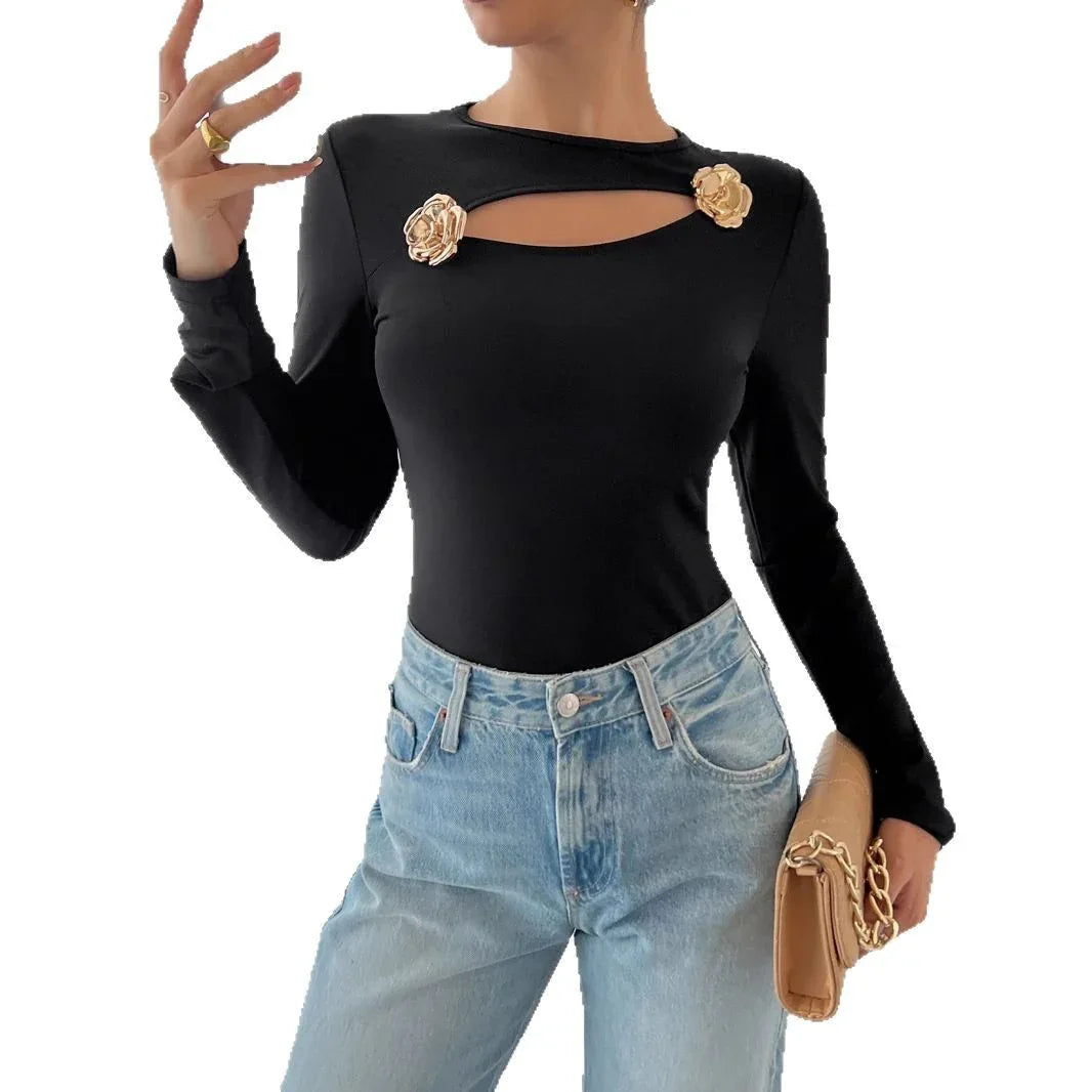 Women Hollow Rose Metal Decorative Black Tight Long Sleeve T-shirt - Gizmo Galaxy
