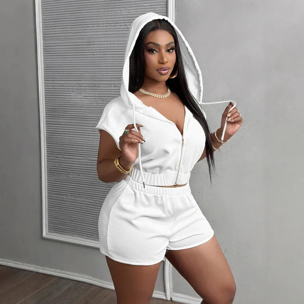 Fashionable Solid-Color Zip-Up Hooded Short-Sleeve Shorts Set - Gizmo Galaxy