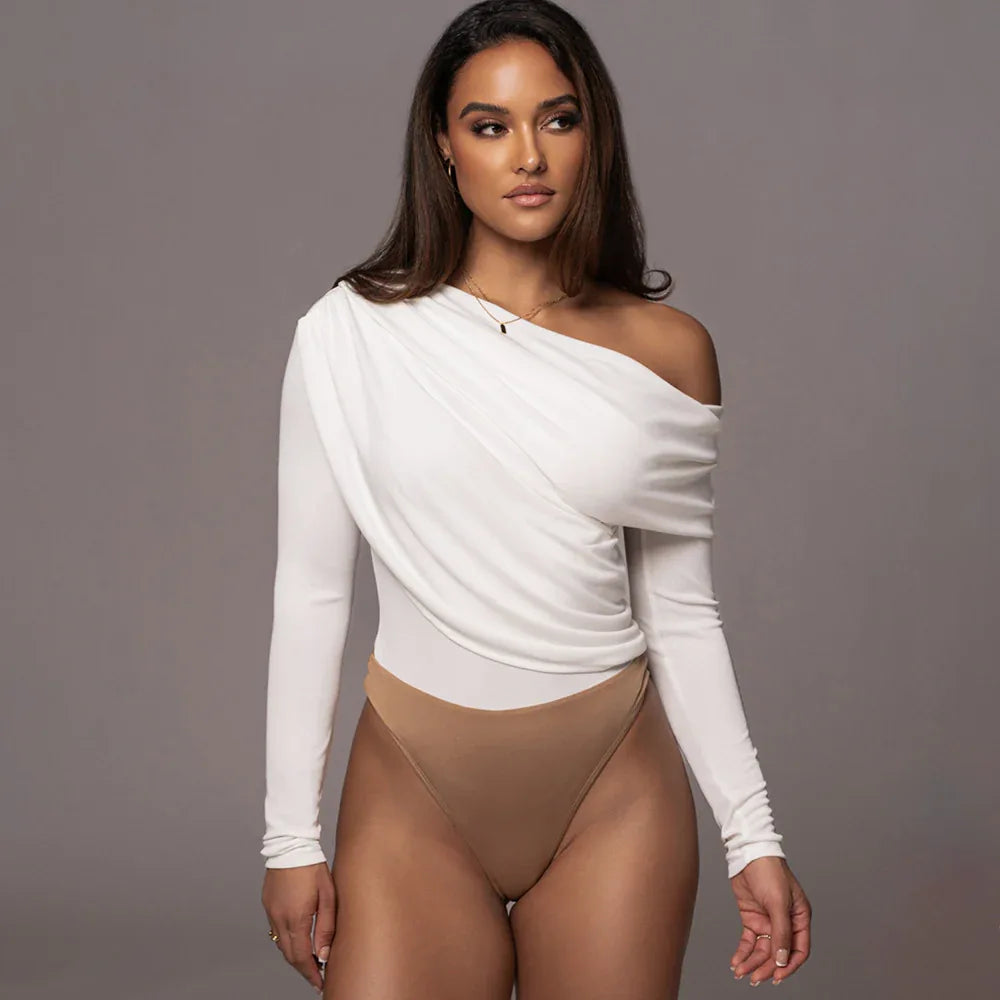 Off-the-shoulder Diagonal Neckline Fitted Long-sleeve Ruffled Bodysuit - Gizmo Galaxy