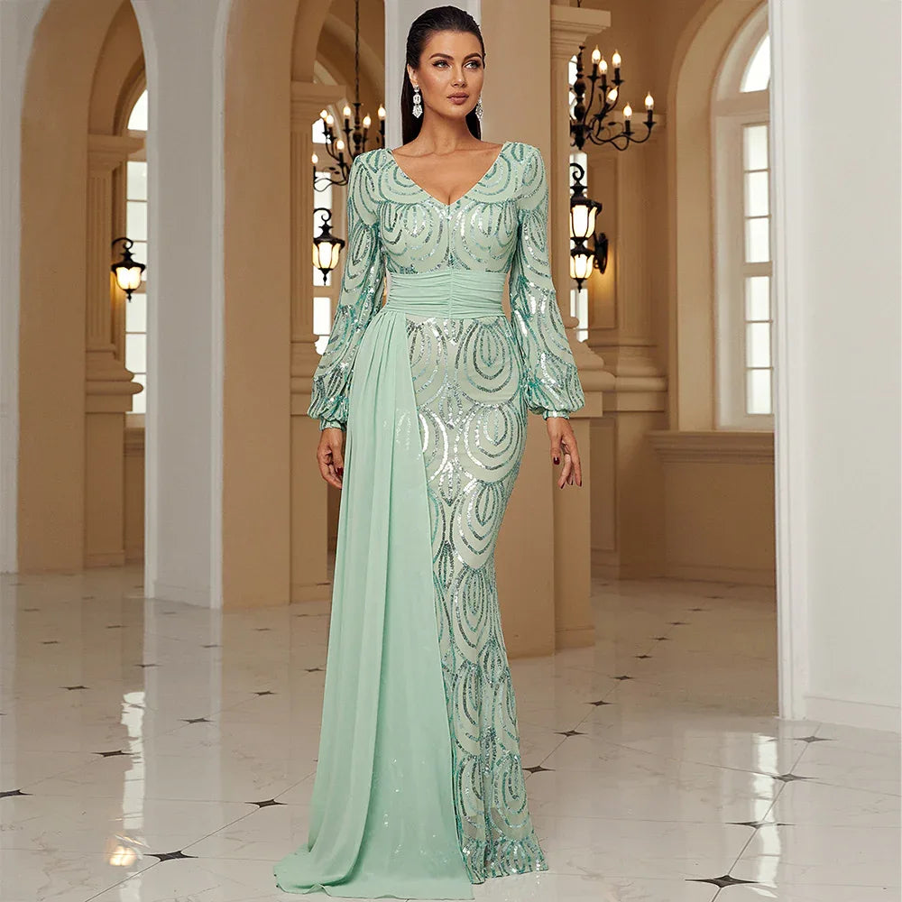 Long Sleeve Sexy Long Sequined V-neck Banquet Ribbon Evening Dress - Gizmo Galaxy