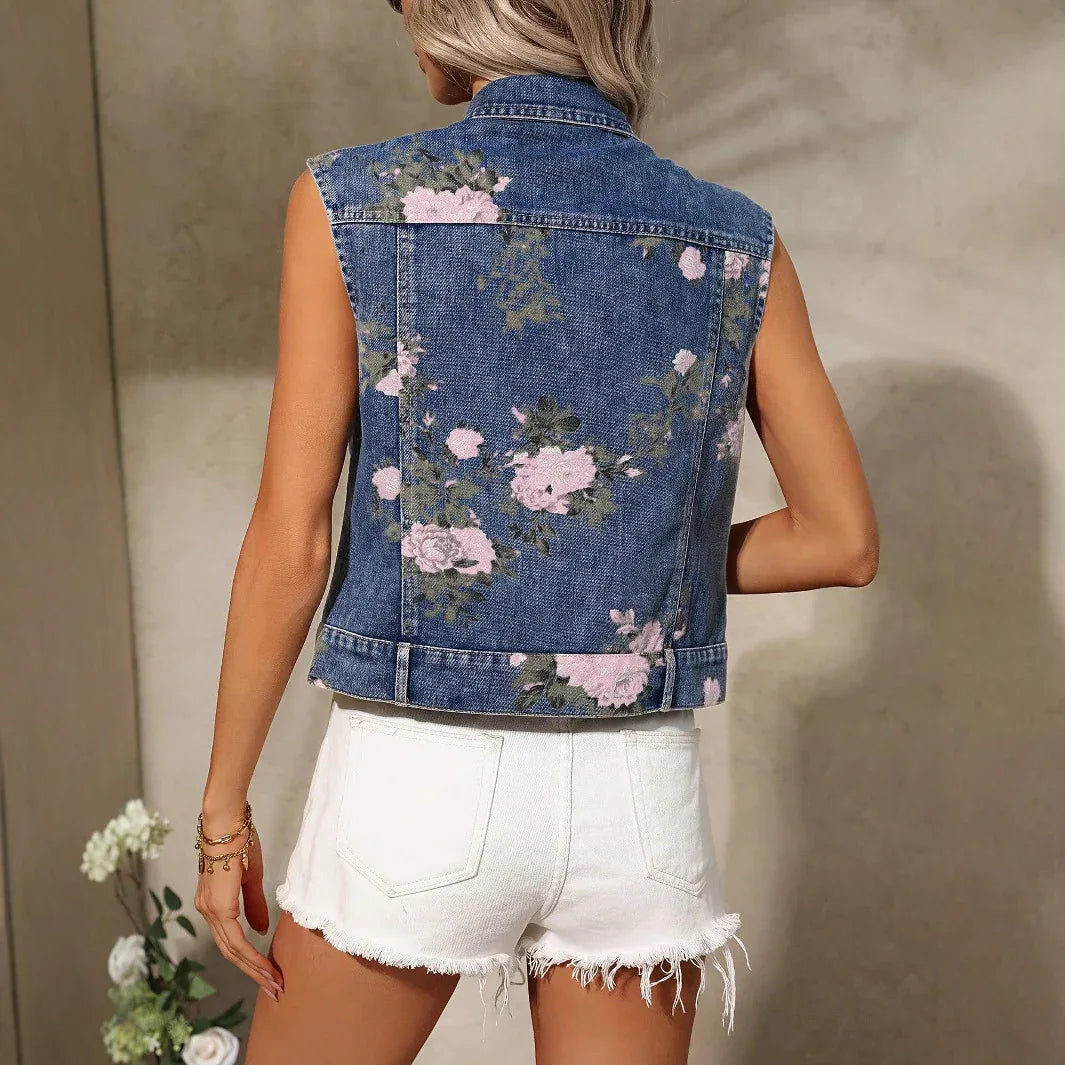 Women's Flower Print Denim Vest Summer Casual - Gizmo Galaxy