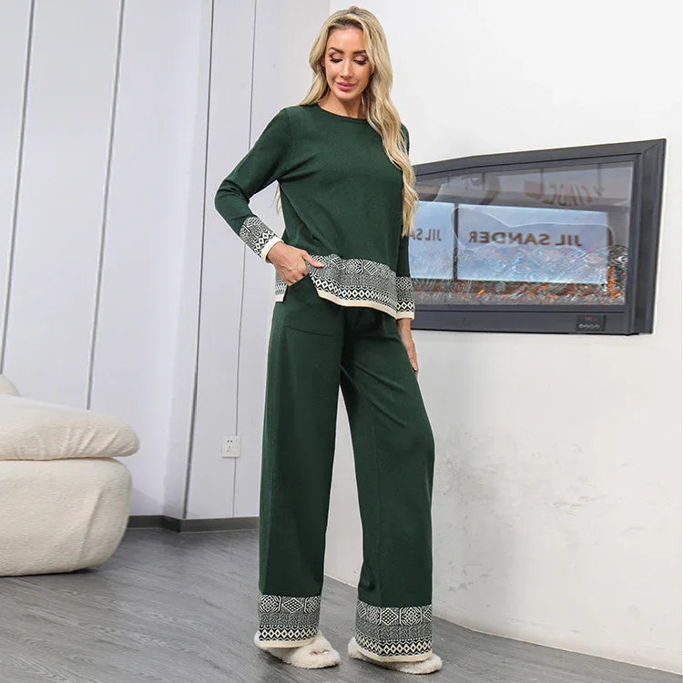 Women's Versatile Crew-neck Jacquard Top And Wide-leg Trousers Set - Gizmo Galaxy