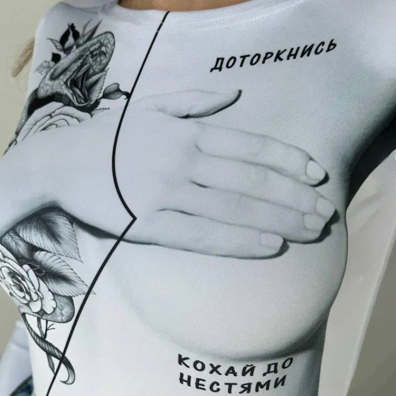 Round Neck Long Sleeve Fashion Print Slim Versatile Sexy Bodysuit - Gizmo Galaxy