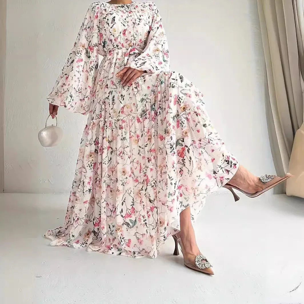 Chiffon Floral Dress With Belt Long Length Stylish And Elegant - Gizmo Galaxy