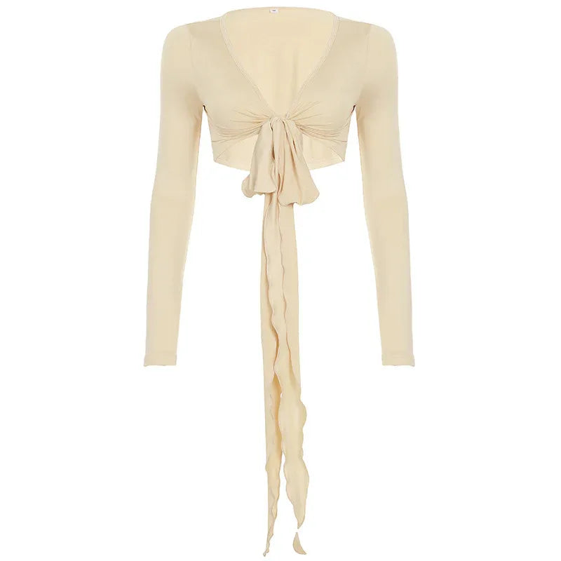 Pure Desire Strap Long-sleeved T-shirt Sexy Deep V-neck Short Blouse - Gizmo Galaxy