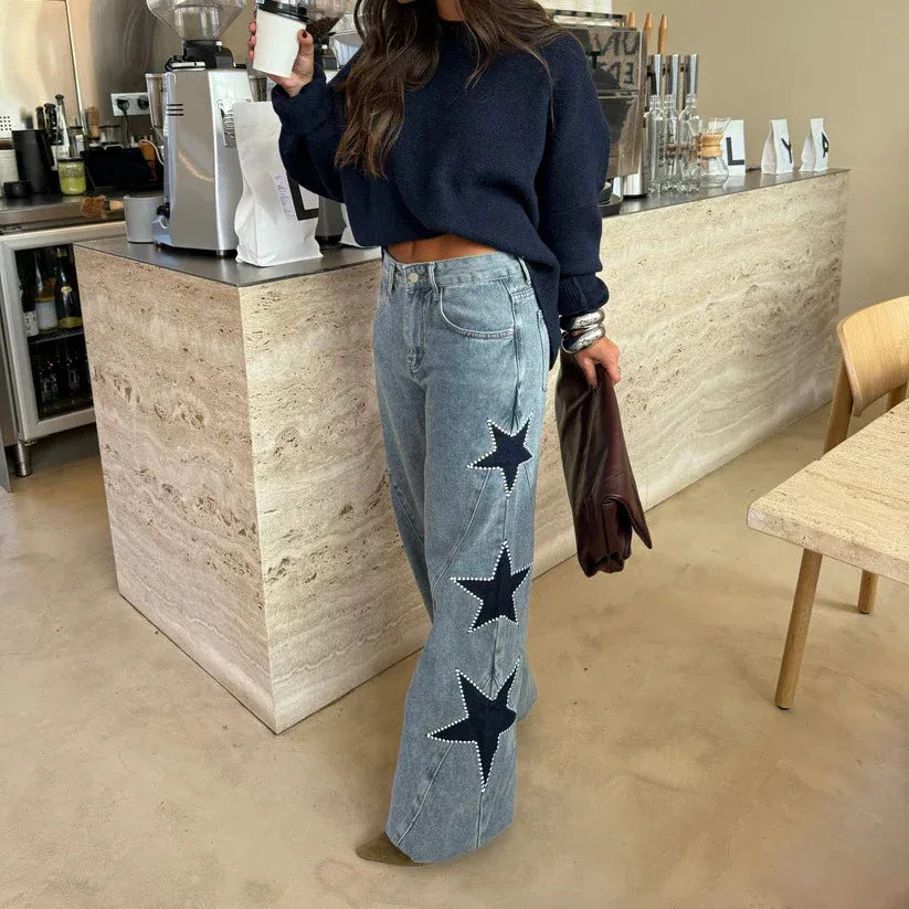 Fashion Casual Five-pointed Star Loose Straight Leg Denim Pants - Gizmo Galaxy