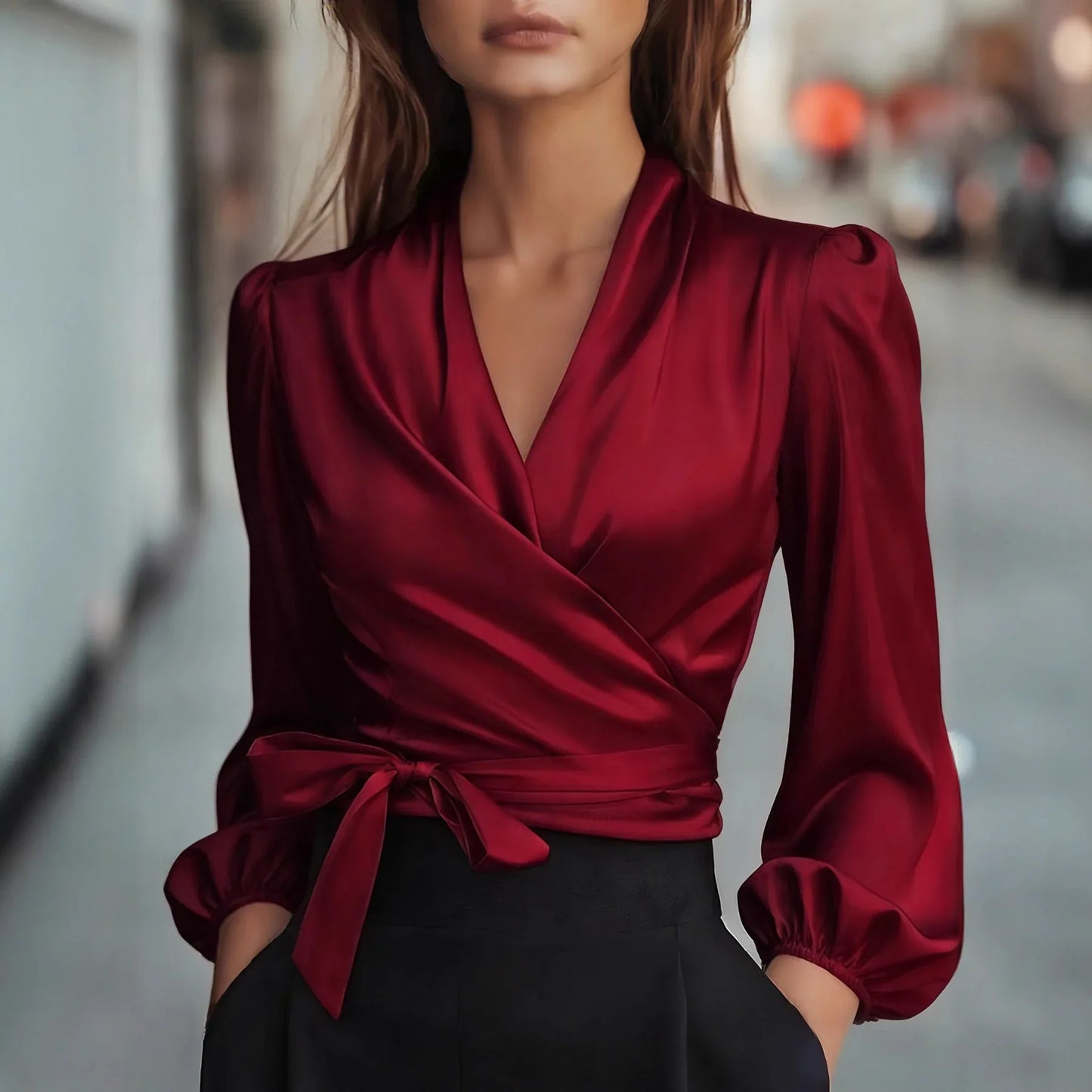 Womens Solid-Color V-Neck Elegant Satin-Bonded Shirt - Gizmo Galaxy