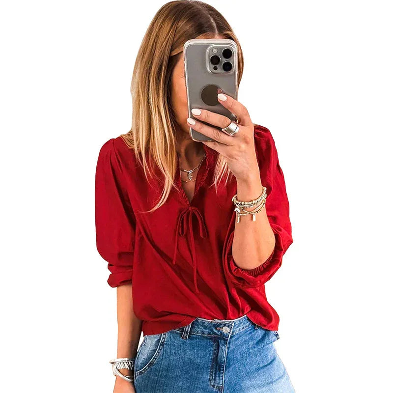 Women's Solid-color V-neck Long-sleeve Chiffon Blouse With Bow Tie Straps - Gizmo Galaxy