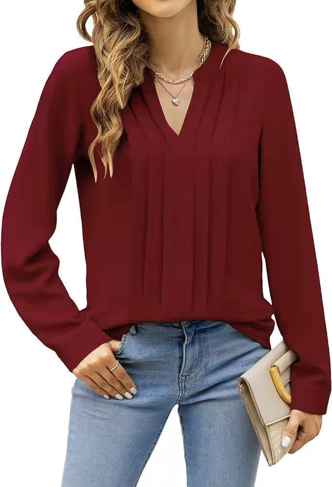Temperament Commute Long Sleeve Solid Color Sweet Top Women's V-neck Design - Gizmo Galaxy