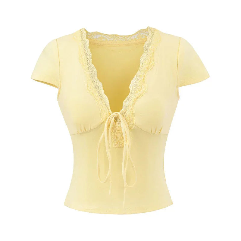 European And American Style Slim Chest Pad Lace V-neck Short Sleeve - Gizmo Galaxy