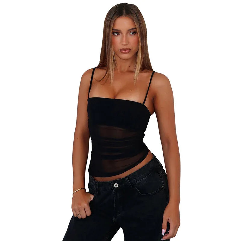 Women's Clothing Mesh Pleats Slim-fitting Suspenders Vest - Gizmo Galaxy