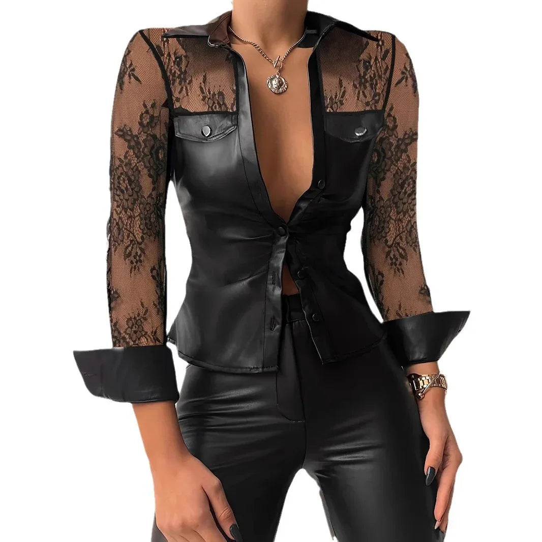 Lace Stitching PU Leather Shirt For Women - Gizmo Galaxy