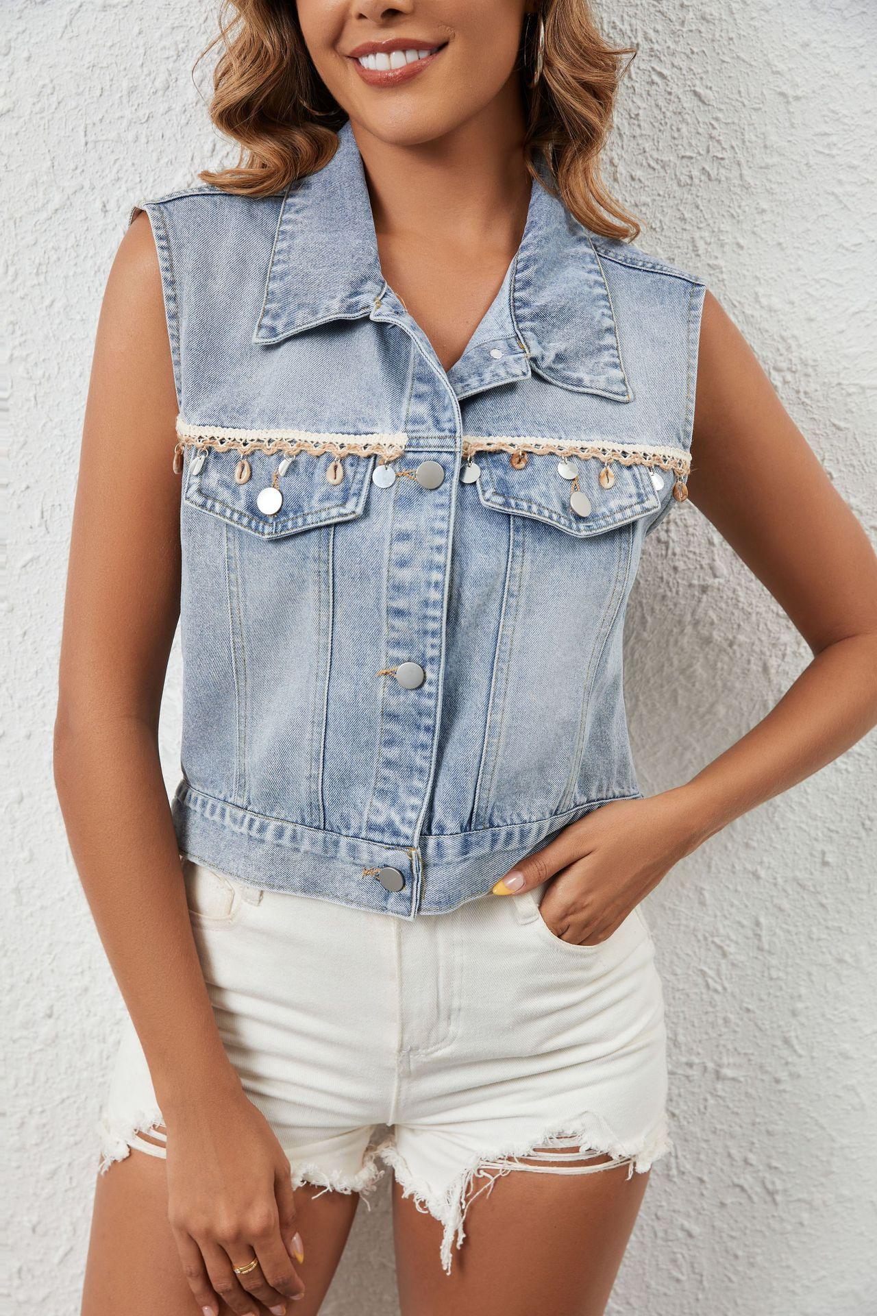 Fashion Casual Tassel Single Breasted Denim Short Vest - Gizmo Galaxy