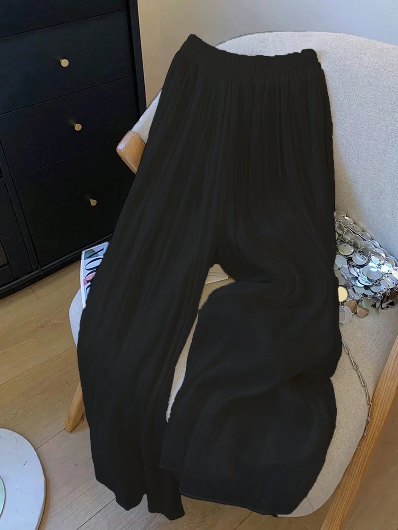 Women's Solid Textured Mesh Casual Loose Wide-leg Pants - Gizmo Galaxy