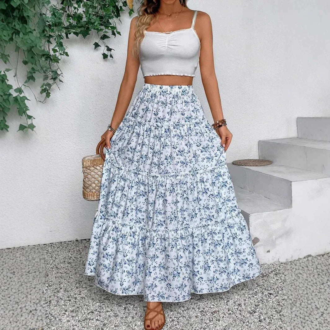 Women's Patchwork Floral Print Chiffon Pleated High Waist Midi Skirt - Gizmo Galaxy