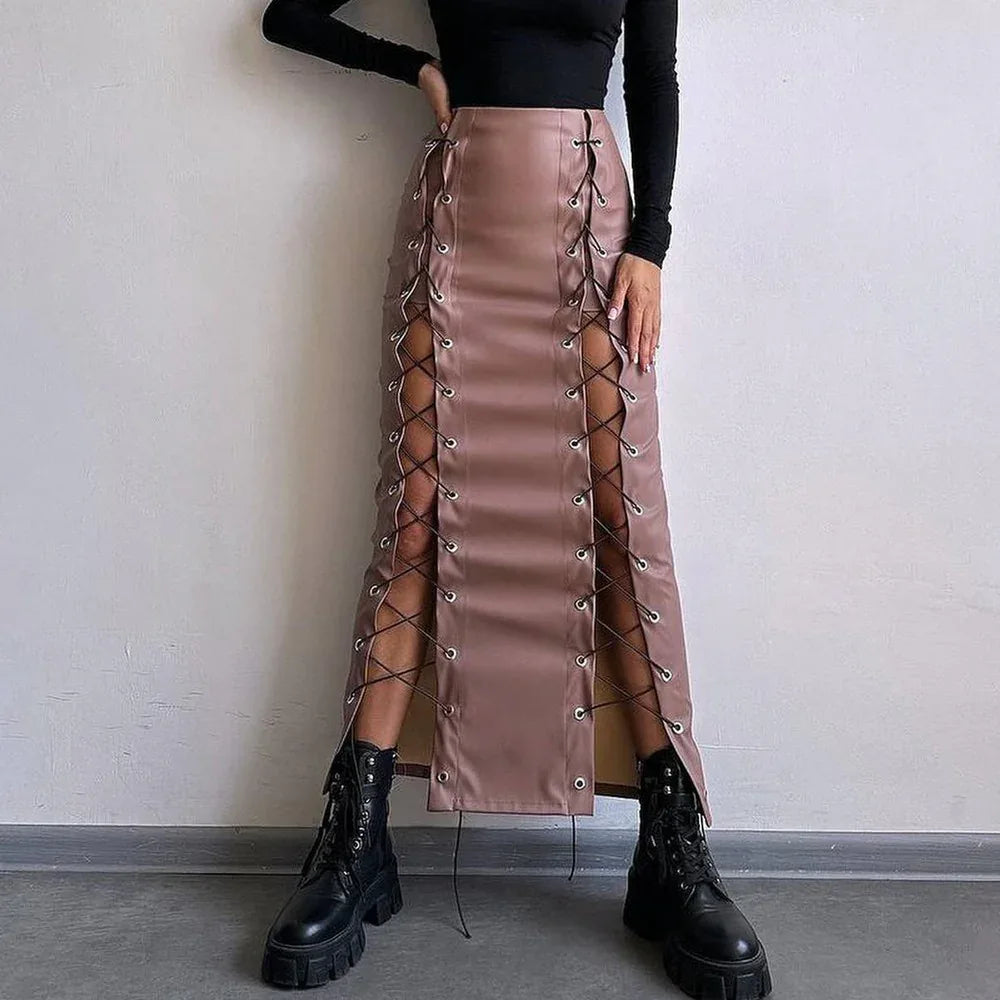 Women's Leather Sexy Solid Color Slit Tie Wrap Skirt - Gizmo Galaxy