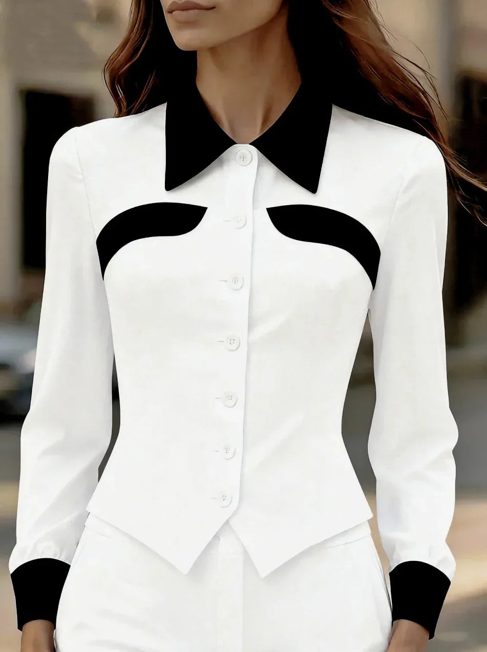 Independent Website Women's Color-block Slim-fit Versatile Slimming Long-sleeved Shirt - Gizmo Galaxy