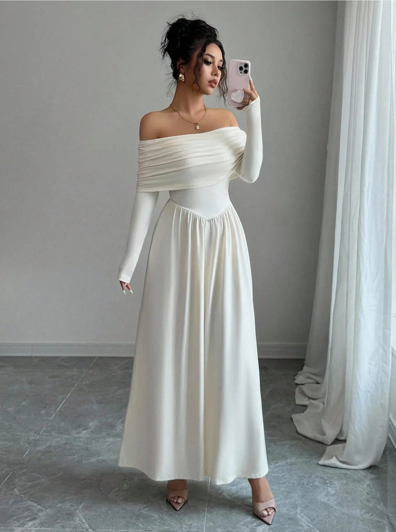 Women's Solid-Color French-Style Off-the-Shoulder Knitted Dress - Gizmo Galaxy