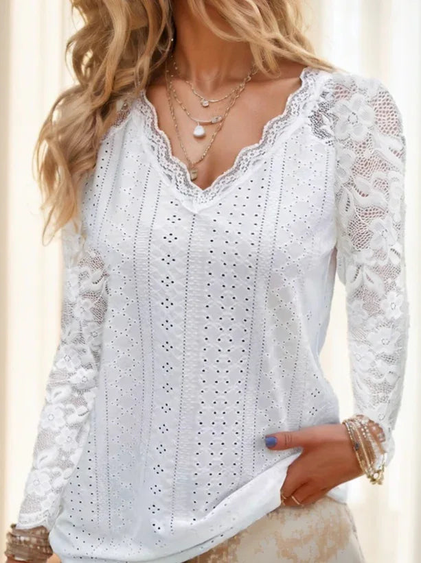 Contrast Lace V-neck Eyelet T-Shirt - Gizmo Galaxy