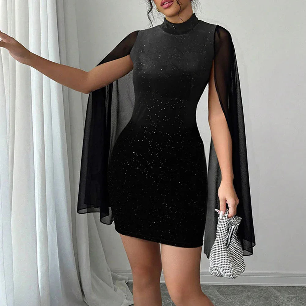 Stylish High-neck Dress Black Featuring Sparkling Rhinestones And Sequins Figure-hugging Fit Short Sleeves Mesh Patchwork - Gizmo Galaxy