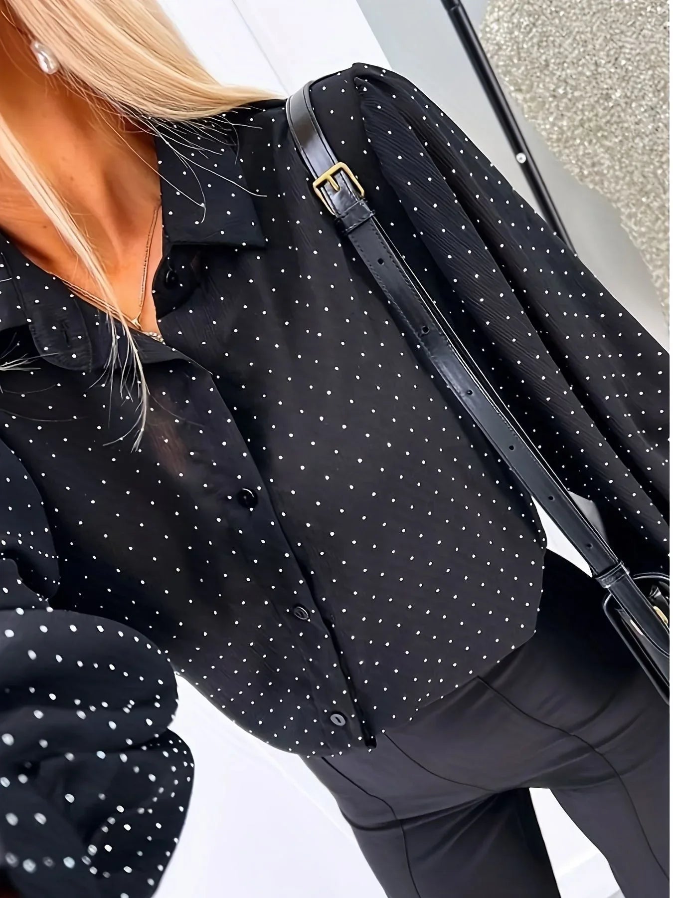 Women's Casual Loose-Fitting Long-Sleeve Polka-Dot Shirt - Gizmo Galaxy
