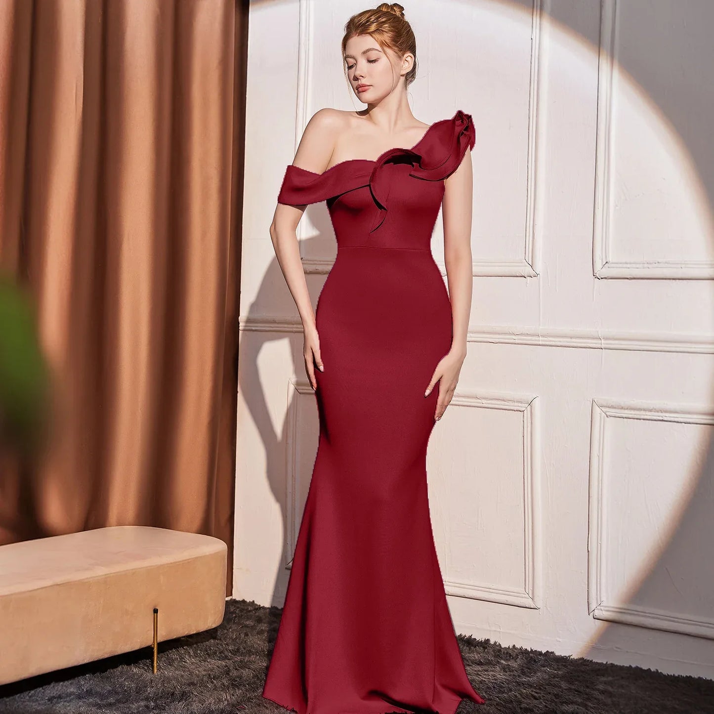 High-end Slant Shoulder Slimming Long Dress - Gizmo Galaxy