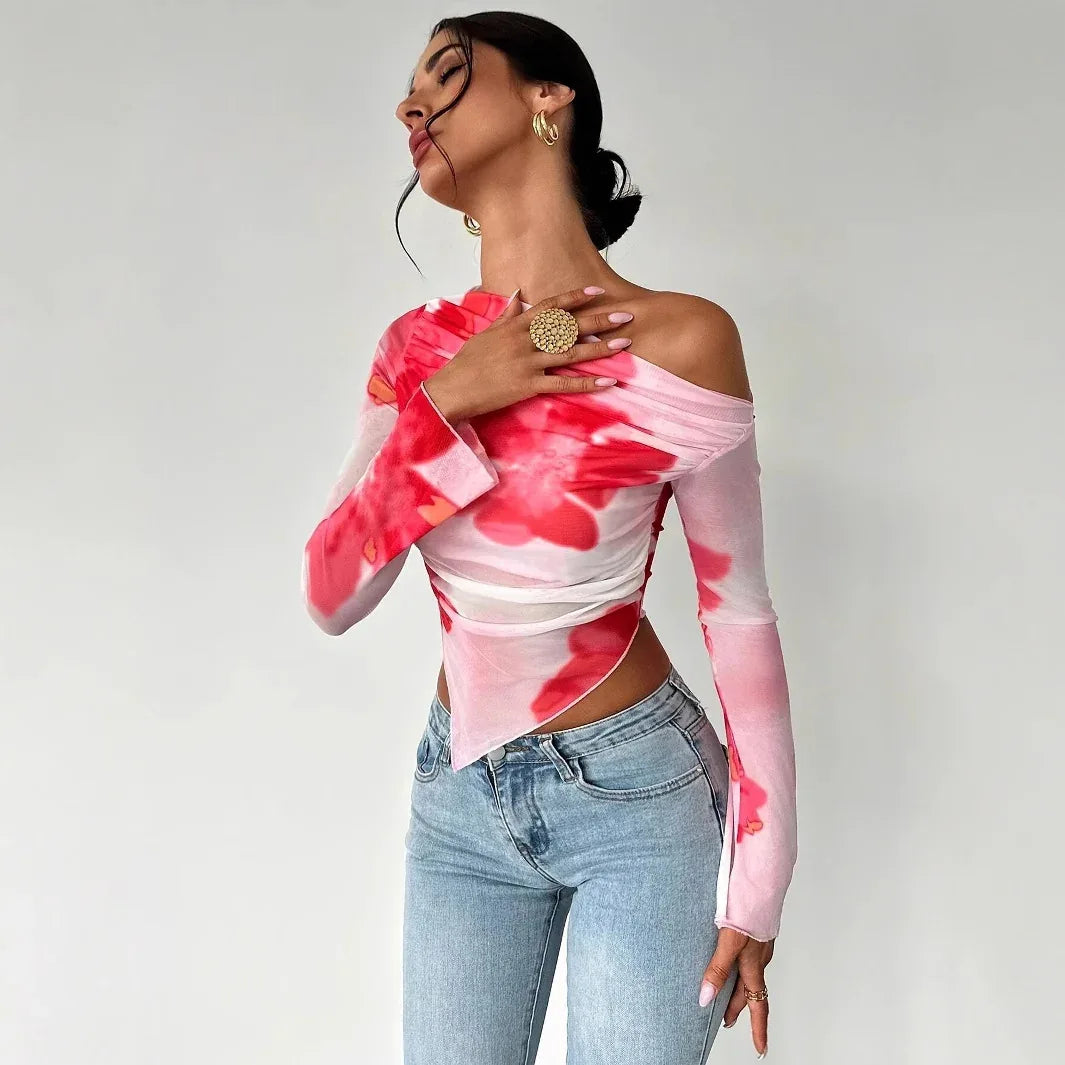 Women's Tie-dye Gradient Floral Mesh Floral Print Top - Gizmo Galaxy