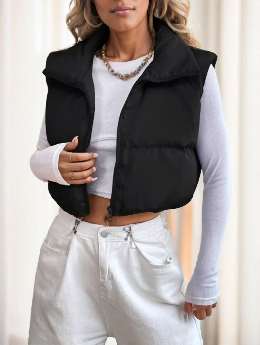 Zipper Front Casual Vest Khaki Winter Coat - Gizmo Galaxy