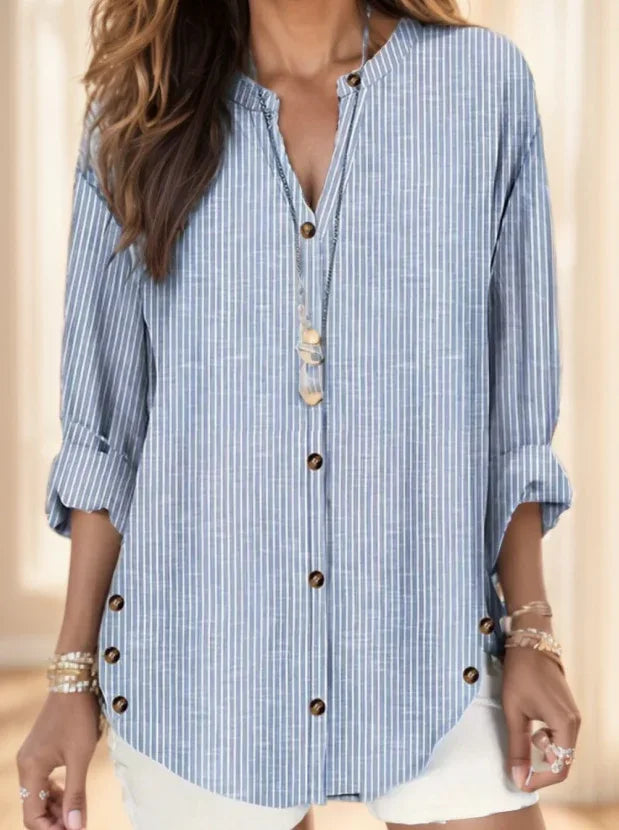 Women's Vertical Striped Notched Collar Shirt,Long Sleeve Tops - Gizmo Galaxy