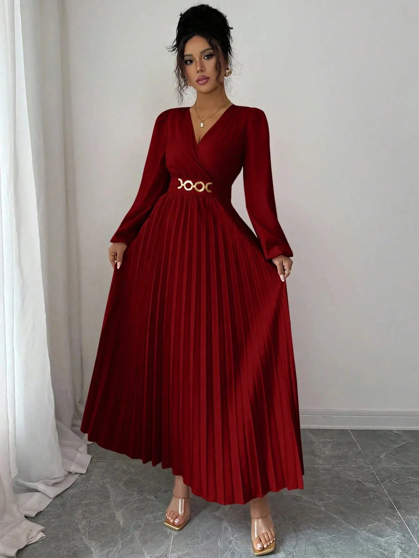 Women's Solid-color Casual Chic V-neck Dress - Gizmo Galaxy