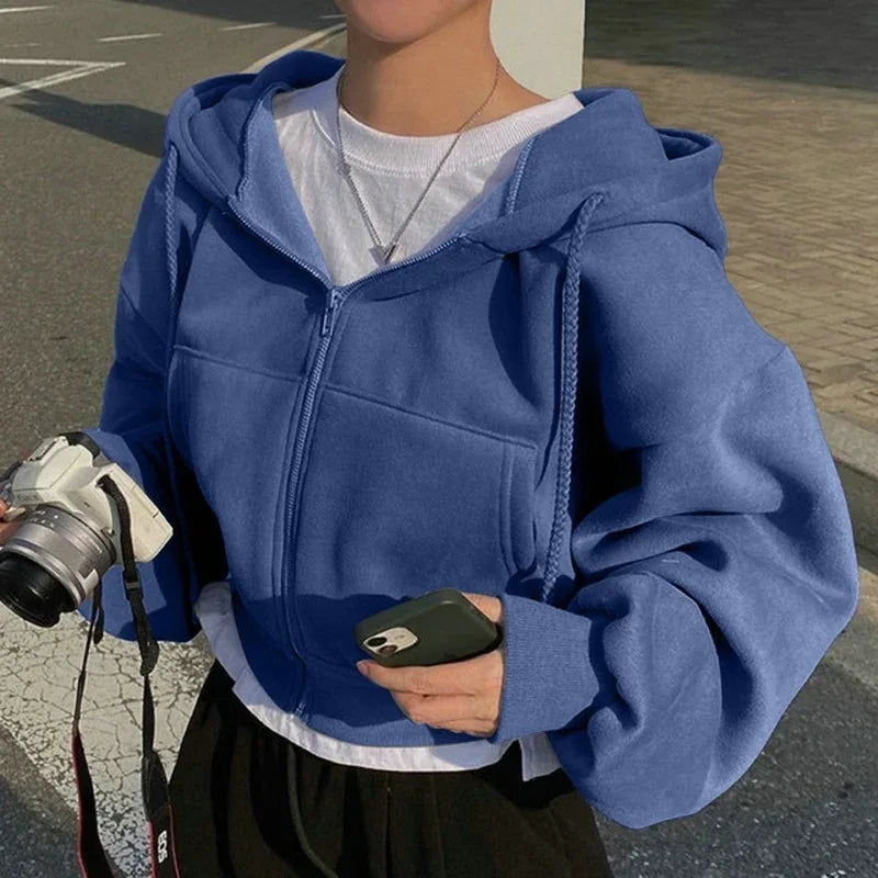 Velvet Padded All-matching Short Slim-fit Zipper Warm Navy Blue Hooded Sweater - Gizmo Galaxy