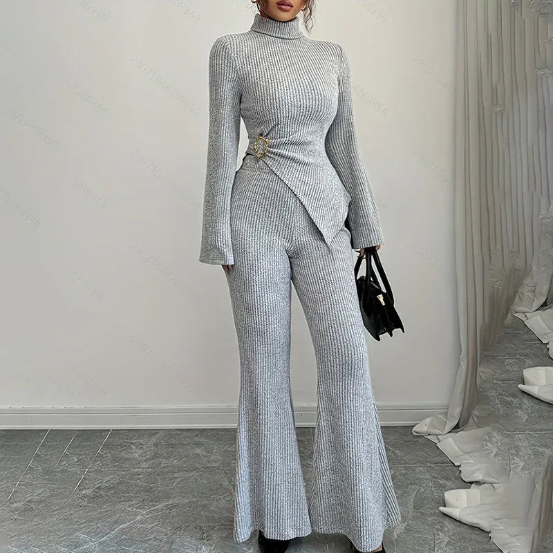 Womens 2 Piece Outfits Turtleneck Matching Lounge Set Flare Sleeve Asymmetrical Top & Wide Leg Pants - Gizmo Galaxy