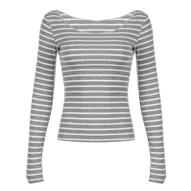 Oblique Shoulder Stripes Lightweight Slim-fit Long Sleeve Casual Top - Gizmo Galaxy