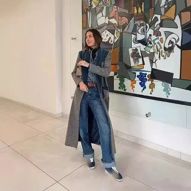 Color Matching Plaid Woolen Coat Women - Gizmo Galaxy