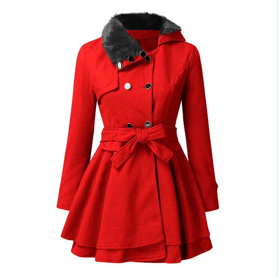 Women's Fur Collar Coat Double-breasted Trench Coat With Large Skirt - Gizmo Galaxy