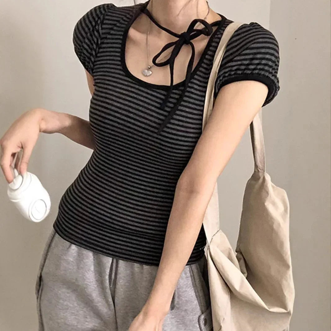 American Striped Round Neck Tied Short Sleeve - Gizmo Galaxy