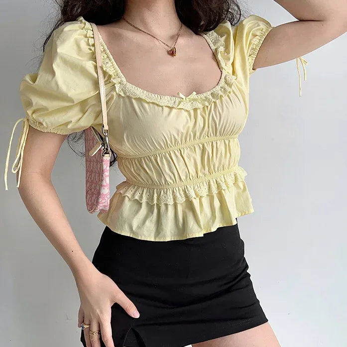 Retro Square Collar Puff Sleeve Lace Shirt - Gizmo Galaxy