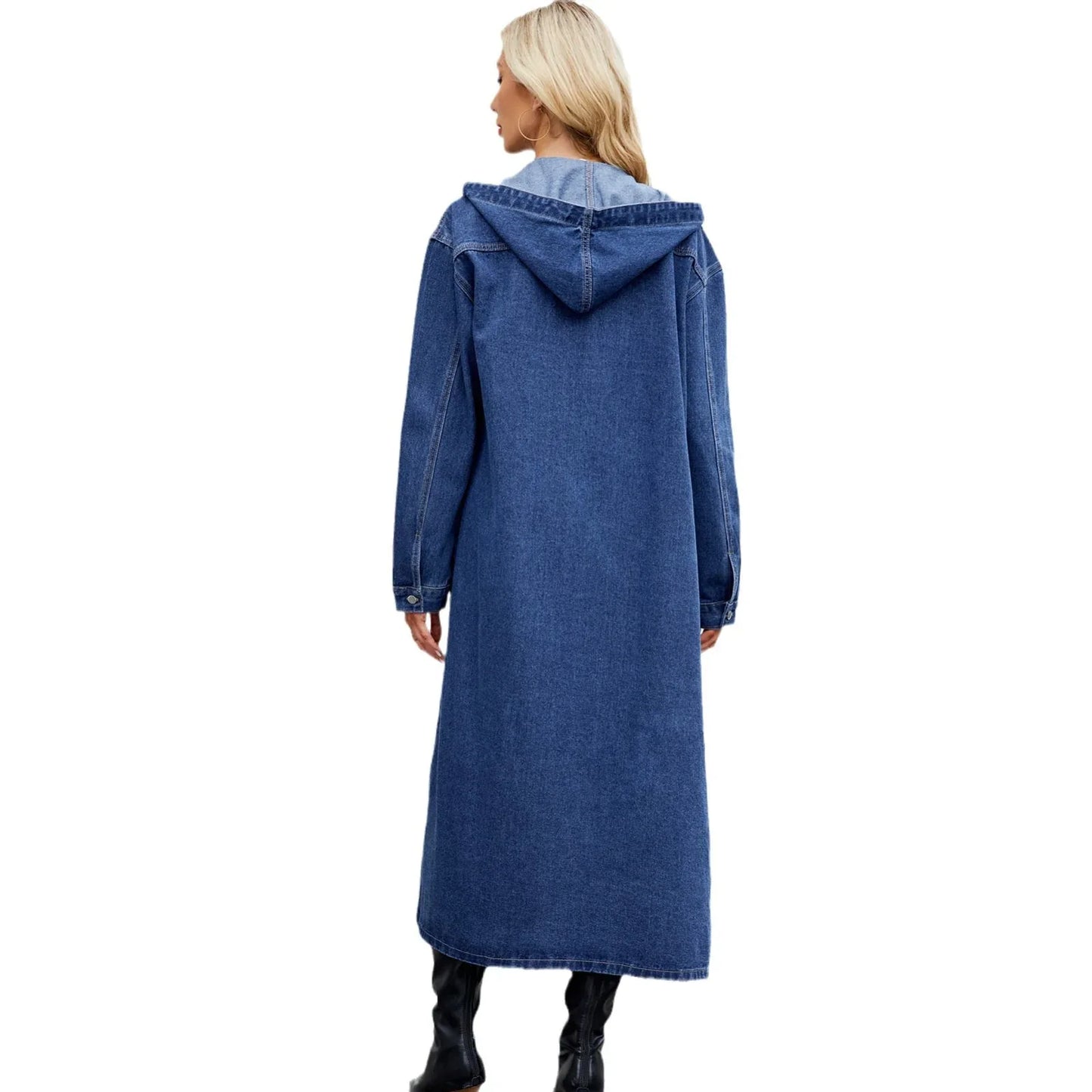 Women's Washed Hooded Long Denim Coat - Gizmo Galaxy