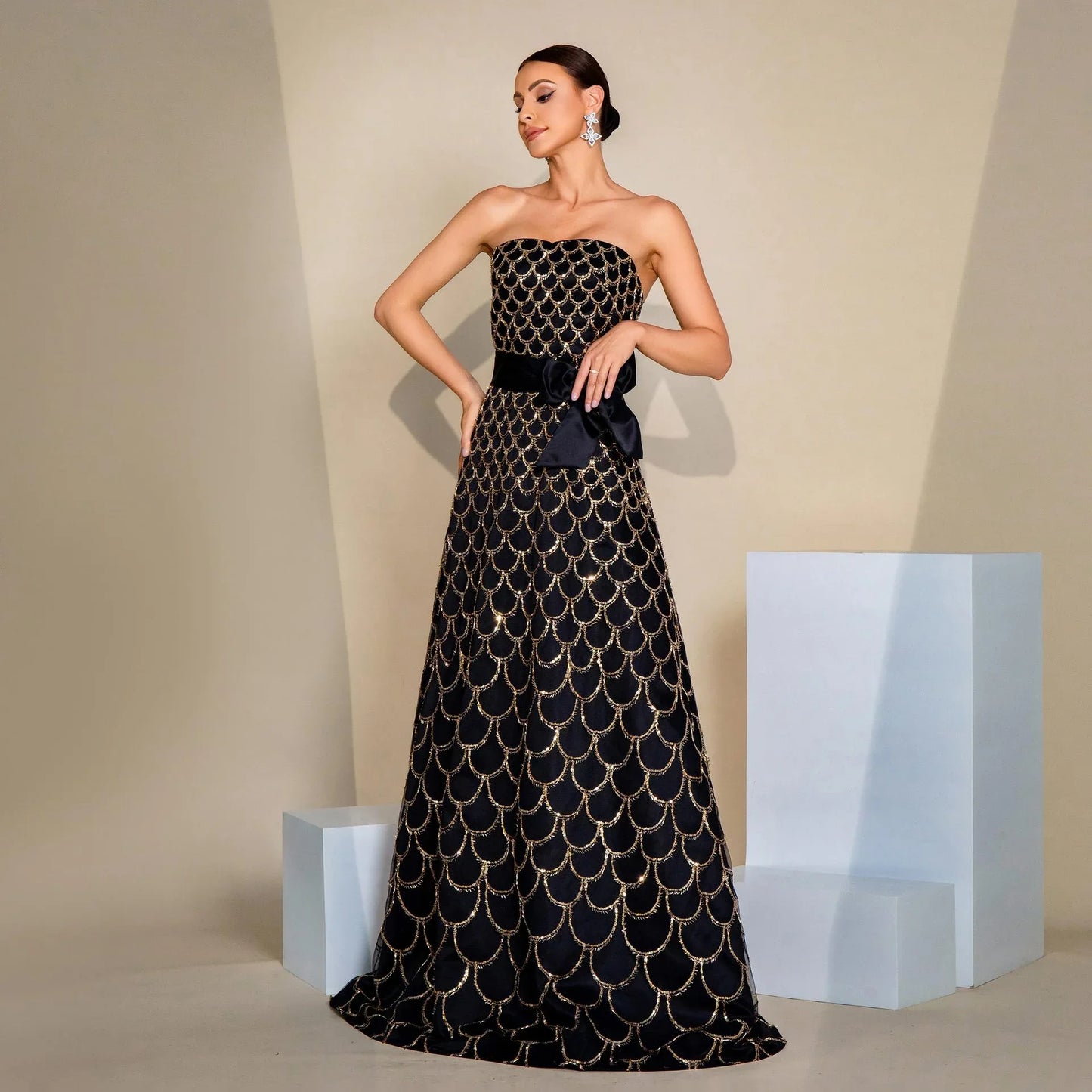 Off-neck Wrapped Chest Nipped-waist Large Swing Sequined Evening Dress - Gizmo Galaxy