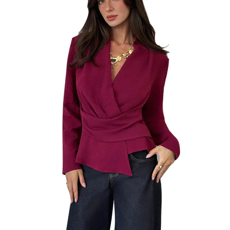 French Style Solid Color Long Sleeve Shirt Waist Slimming - Gizmo Galaxy