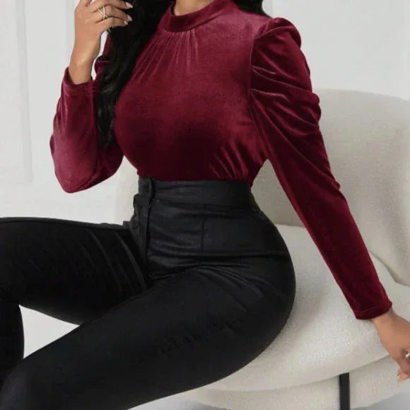Women's Solid Color Round Neck Bubble Sleeve Slim Fit T-shirt - Gizmo Galaxy