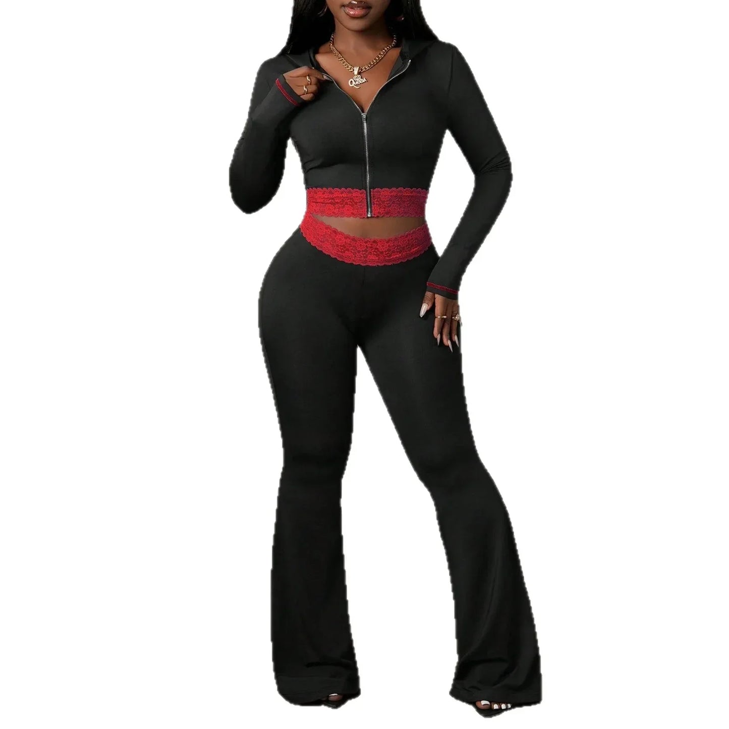 Fashionable Solid-Color Patchwork Lace Casual Jacket And Pants Set - Gizmo Galaxy