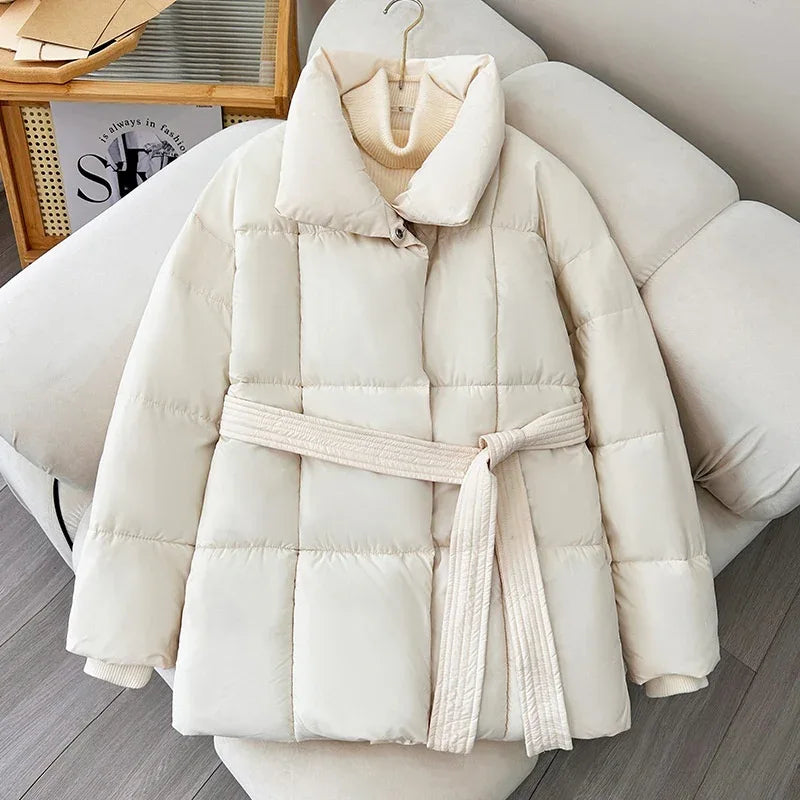 Warm Lapel Plaid Coat With Belt Design Fashion Casual Thick Jacket Fall And Winter Women's Clothing - Gizmo Galaxy