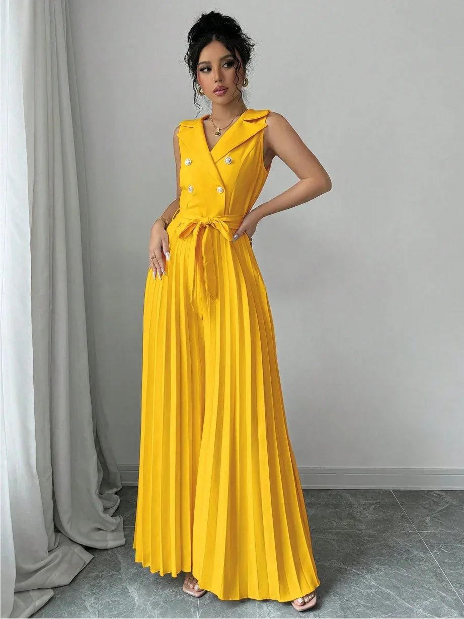 Suit Collar Bow Tie Belted Waist Pleated Jumpsuit - Gizmo Galaxy