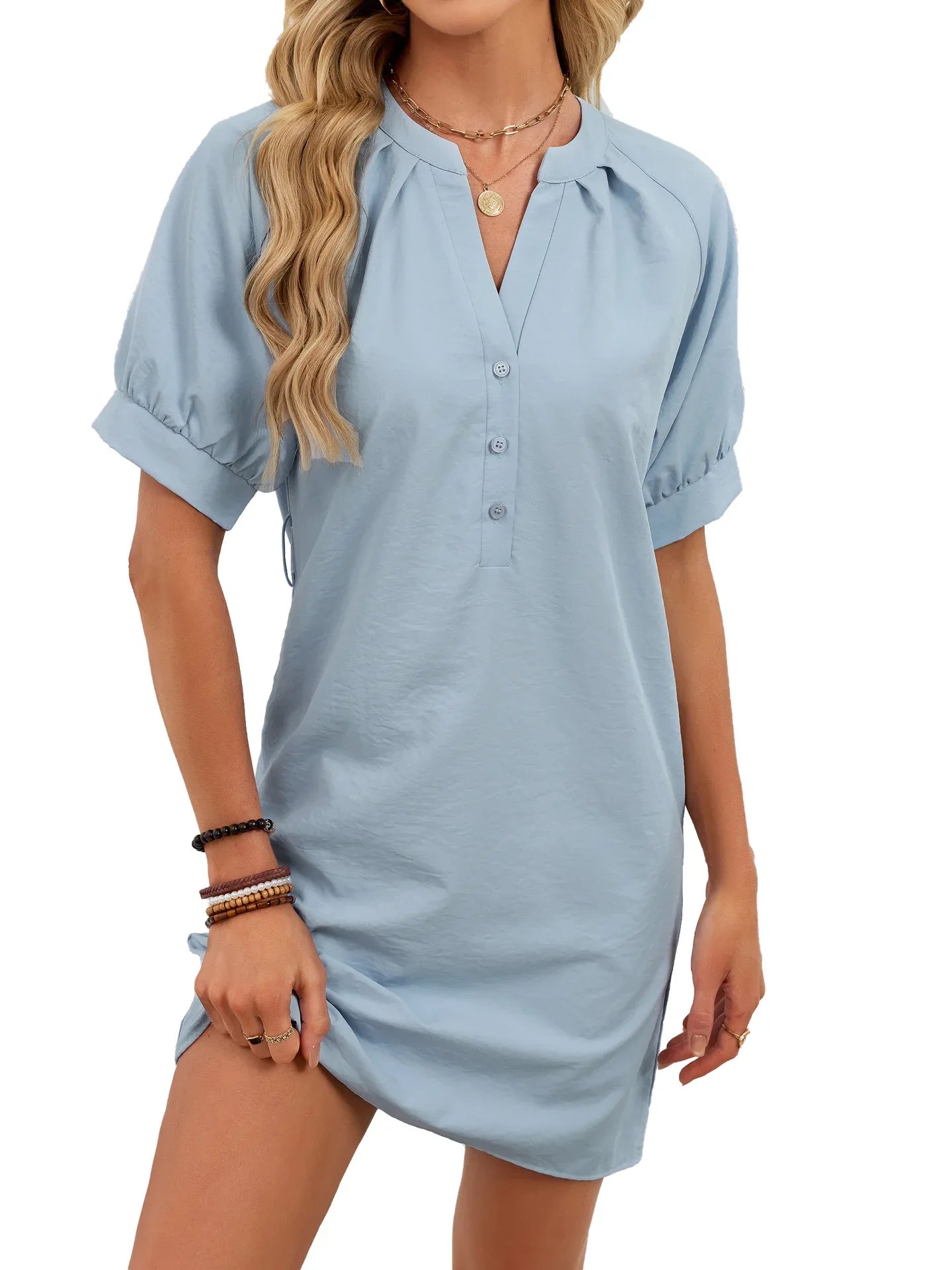 Women's Solid-Color Casual V-Neck Lace-Up Dress - Gizmo Galaxy