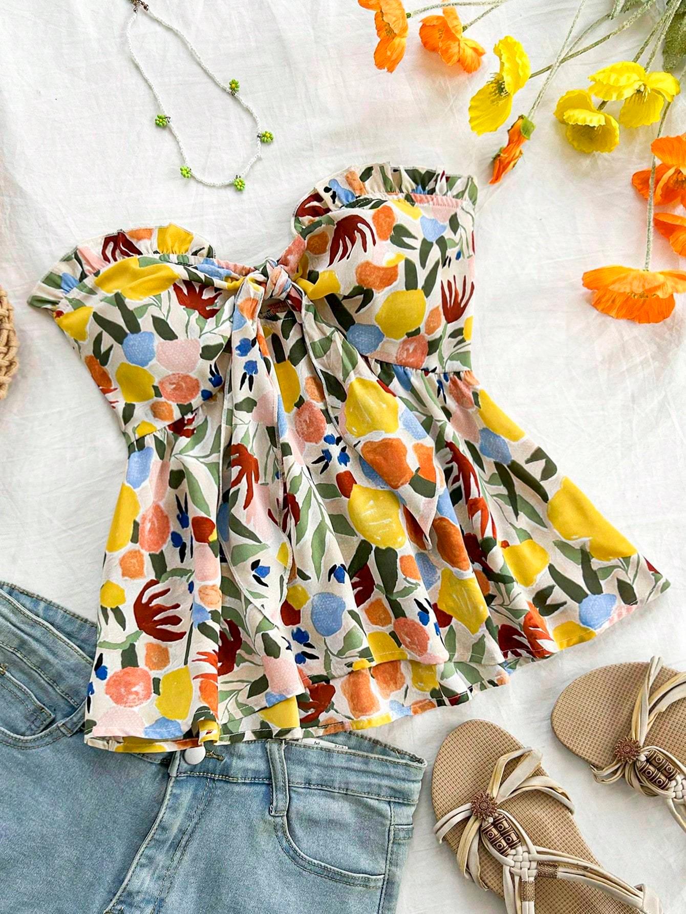 Strapless Cinched Waist Ruffle Hem Floral Printed Vacation Top - Gizmo Galaxy