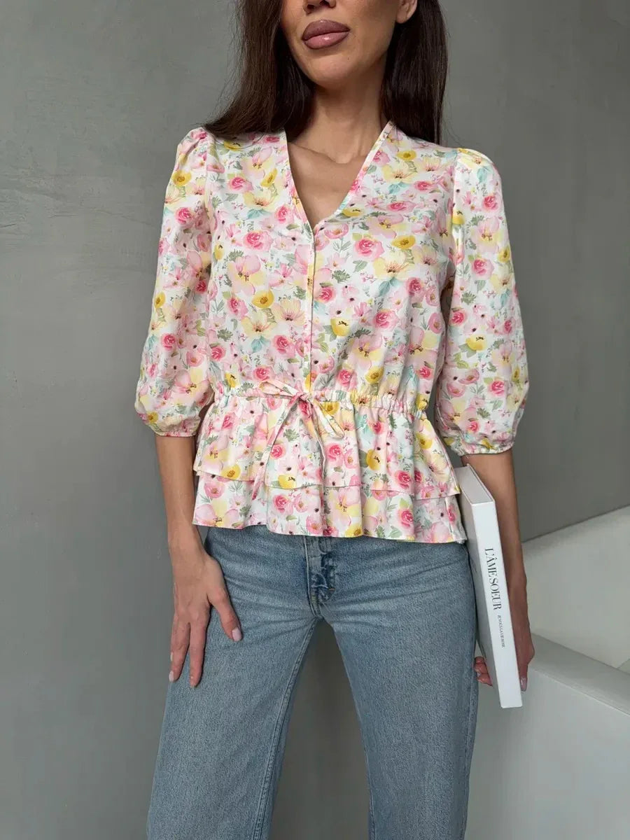 Drawstring Laced Puffed Sleeve V Neck Women's Blouse - Gizmo Galaxy