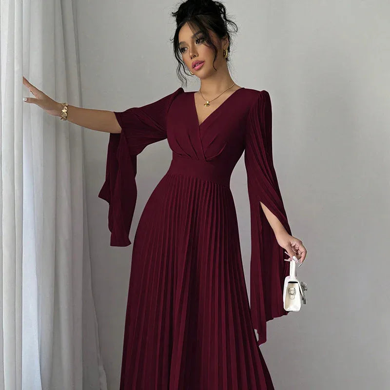 Women's High-waisted Long Deep-V-neck Long-sleeve Flared-sleeve Dress - Gizmo Galaxy